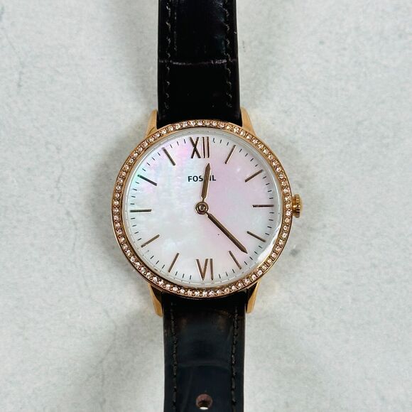Fossil Accessories - Fossil Watch Women Addison 30mm Rhinestone Bling MOP Dial Black Band New Battery